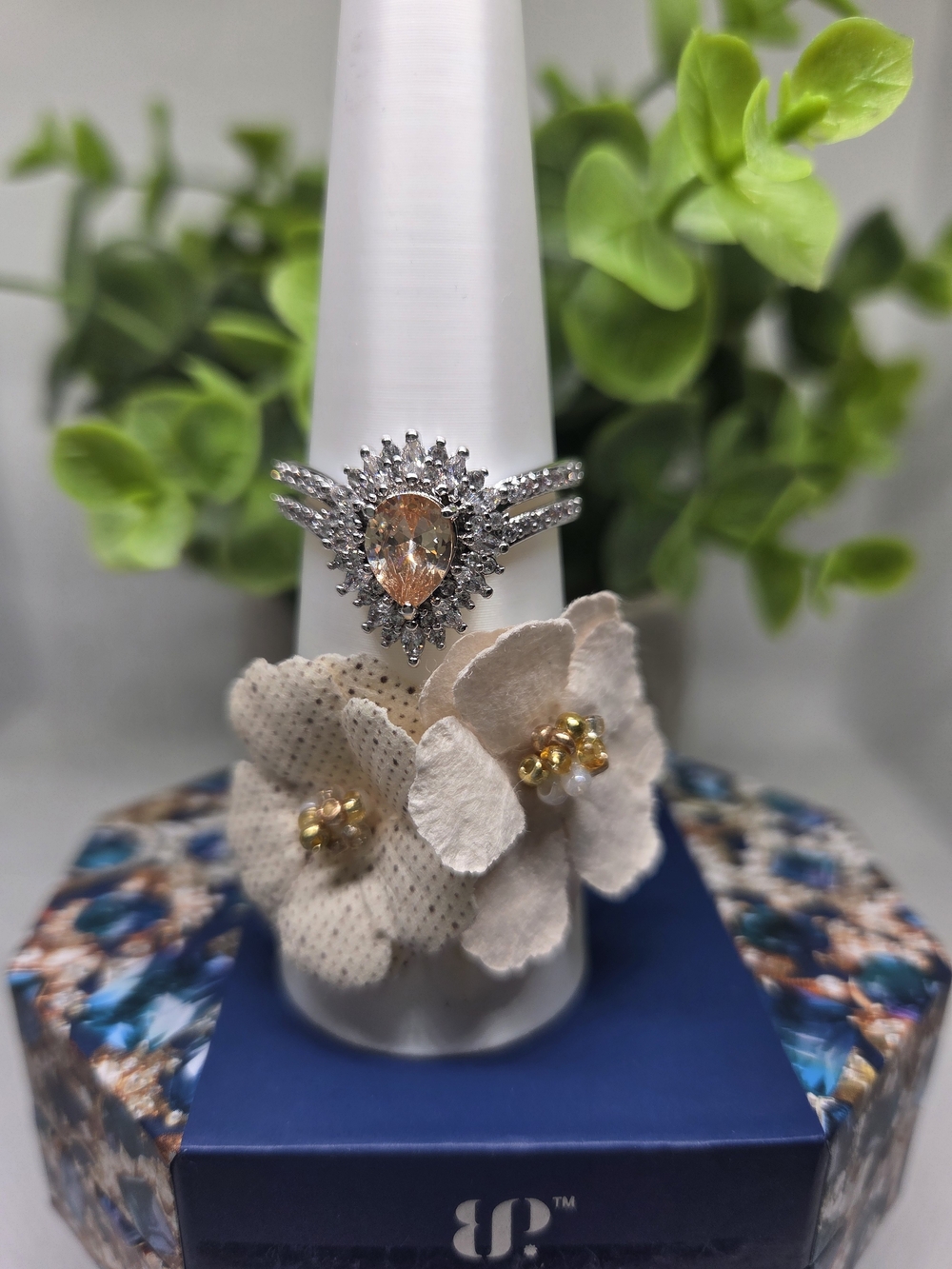 BP Peach Teardrop Halo Ring in Halo Setting